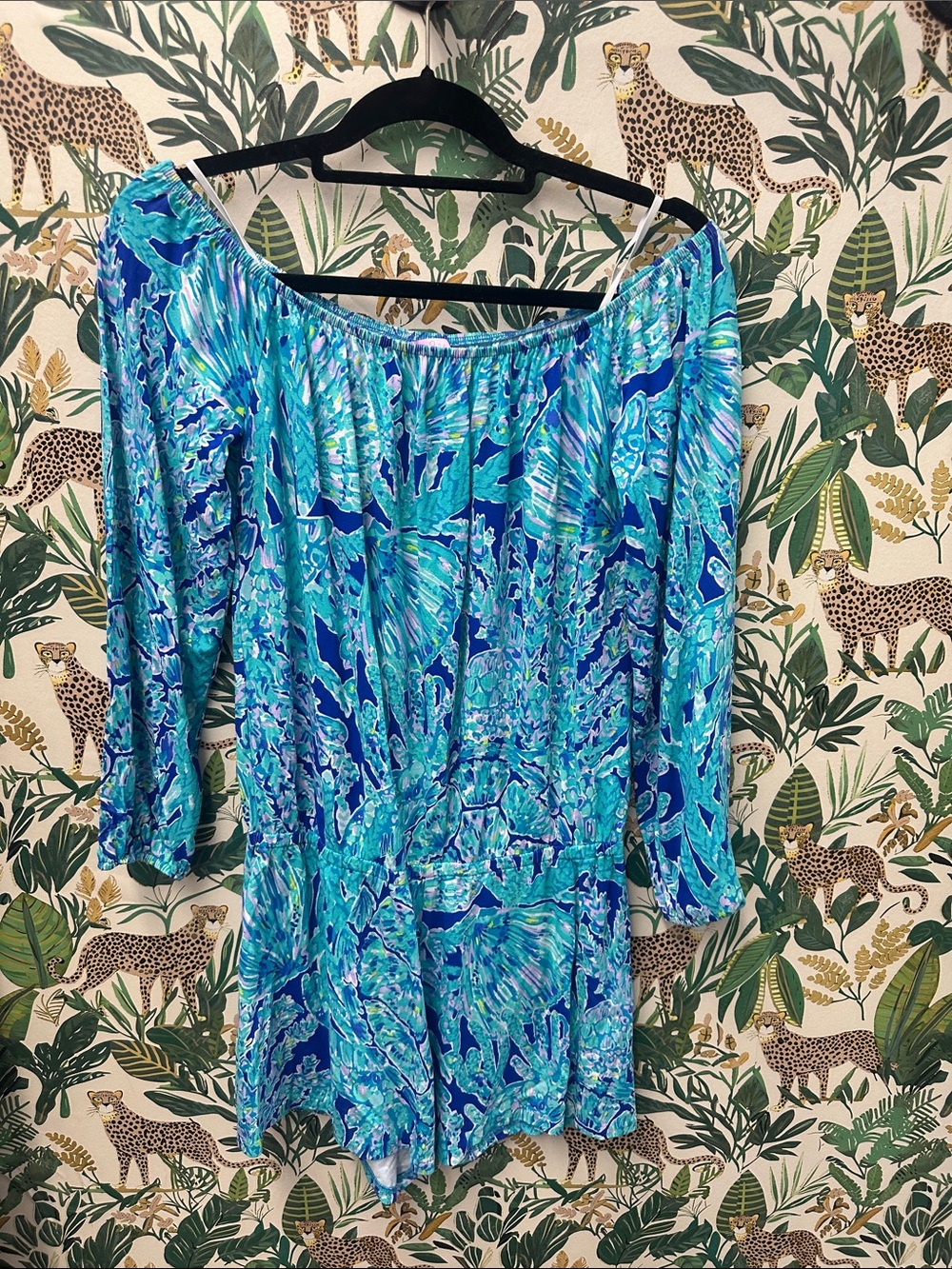 Lilly Pulitzer Blue Teal Patterned Off-Shoulder Romper Small